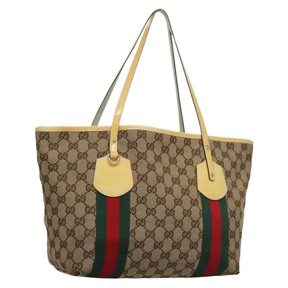 GUCCI GG Canvas Web Sherry Line Tote Bag Beige Gold 211971 Auth 135787 - Picture 1 of 16